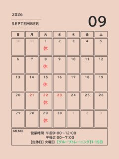 【✨シルバーウィークも営業致します✨】

━━━━━━━━━━━━━━━━━━━━
📌 9月のスケジュール
━━━━━━━━━━━━━━━━━━━━
▶ 定休日
・毎週火曜日（1日、8日、15日、22日、29日）

▶ 営業時間
・午前：9:00 〜 12:00
・午後：14:00 〜 19:00

📢【お知らせ：体操教室🧘‍♀️について】

1日（火）と15日（火）は、
休診日ですが【体操教室】を開催いたします！

痛みや不調を解消する「施術」だけでなく、
正しい身体の使い方を身につける
「パーソナルトレーニング」や「体操教室」も行っております💪

みんなで楽しく身体を動かしませんか？
「運動不足を解消したい」
「一人でのトレーニングは続かない」という方におすすめです。

※参加をご希望の方や詳細は、
お気軽にお電話📞またはLINEから
お問い合わせください

━━━━━━━━━━━━━━━━━━━━

今月も皆様の健康と快適な身体づくりを
全力でサポートいたします！

皆さまのご来院を心よりお待ちしております☺️

〒781-0015
高知県高知市薊野西町1丁目22-16

ご予約方法
📞088-821-7400
もしくはLINE✉️

#鍼灸接骨院 
#鍼灸院
 #パーソナルトレーニング 
 #体操教室 
#高知